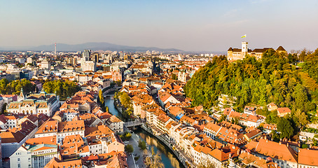 Image showing Cityscape of Ljubljana, capital of Slovenia in warm afternoon sun.