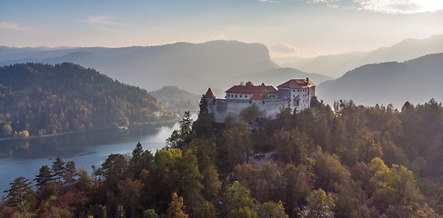 Image showing Medieval castle on Bled lake in Slovenia in autumn.