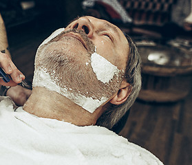 Image showing Close-up side top view handsome senior bearded caucasian man getting beard grooming in modern barbershop.