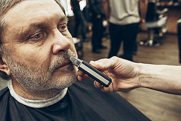 Image showing Close-up side view portrait of handsome senior bearded caucasian man getting beard grooming in modern barbershop.