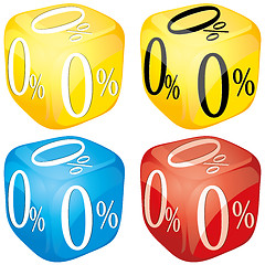 Image showing Four dices with 0 percent on side different colored, glossy loan icons, yellow, blue and red