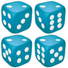 Image showing Set of blue casino craps, dices with two points, dots number on top