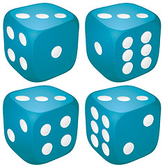 Image showing Set of blue casino craps, dices with three points, dots number on top