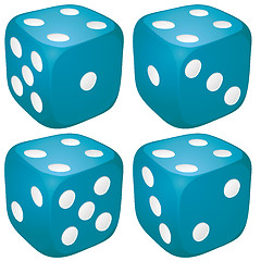 Image showing Set of blue casino craps, dices with four points, dots number on top