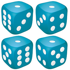 Image showing Set of blue casino craps, dices with one point, dot number on top