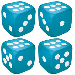 Image showing Set of blue casino craps, dices with six points, dots number on top