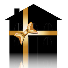 Image showing House with a ribbon as a gift with reflection
