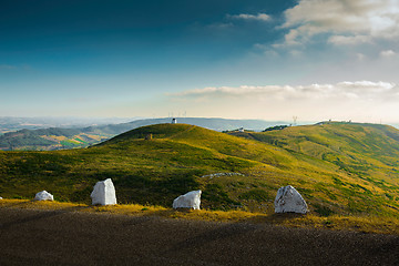 Image showing Portuguese windmills over the hills