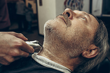 Image showing Close-up side profile view portrait of handsome senior bearded caucasian man getting beard grooming in modern barbershop.