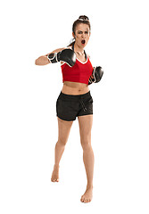 Image showing Fit beautiful woman with the boxing gloves isolated on white background