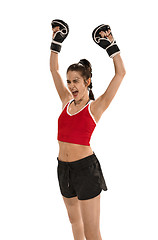 Image showing Fit beautiful woman with the boxing gloves isolated on white background