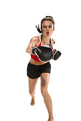 Image showing Fit beautiful woman with the boxing gloves isolated on white background