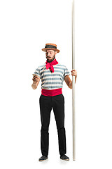 Image showing Caucasian man in traditional gondolier costume and hat