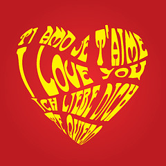 Image showing Gold and red confession in love on 5 languages written in heart shape