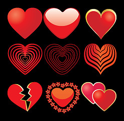 Image showing Set of red hearts isolated on black, different shapes