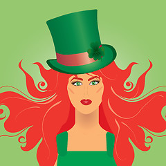 Image showing Irish girl in green top-hat for St. Patrick`s day