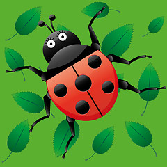 Image showing Funny ladybug, looking on me, cartoon character on green seamless background with leaves