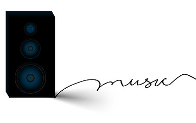 Image showing Background with column loudspeaker and a music word made from cable isolated on white