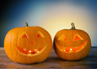 Image showing close up of halloween pumpkins on table