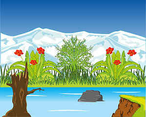 Image showing Riverside with wild vegetation and snow mountains