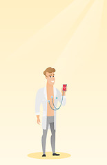 Image showing Doctor showing app for measuring of heart pulse.