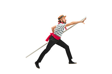 Image showing Caucasian man in traditional gondolier costume and hat