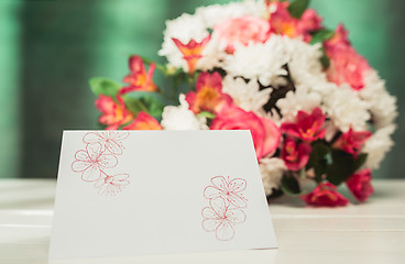 Image showing Love background with pink roses, flowers, gift on table