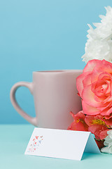 Image showing Love background with pink roses, flowers, gift on table