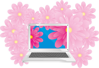 Image showing Simple silver laptop with contrast flowers