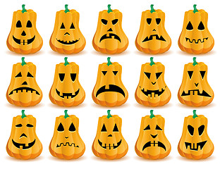 Image showing Big set of 15 Halloween pumpkins with  mouths, eyes and noses as Jack O`Lantern face, part 14