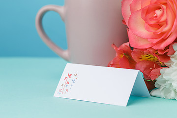 Image showing Love background with pink roses, flowers, gift on table