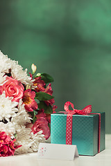 Image showing Love background with pink roses, flowers, gift on table