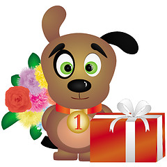 Image showing Happy balck-eyed puppy with flowers and gift box