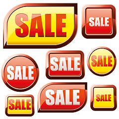Image showing Set of red and yellow shiny sale buttons