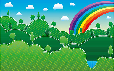 Image showing Spring or summer background with meadow, trees and rainbow