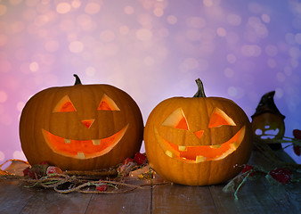 Image showing close up of halloween pumpkins on table