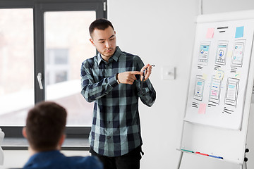 Image showing man showing smart watch to creative team at office