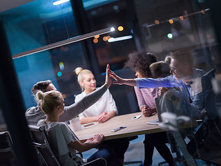 Image showing Multiethnic startup business team in night office