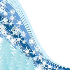 Image showing White snowy background with Christmas trees and snowflakes and wind for your greetings card