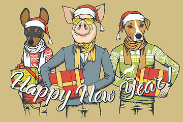 Image showing New Year vector concept Pig and two Dogs