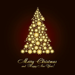 Image showing Christmas greetings card with fir tree made from gold stars on brown background