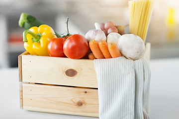 Image showing close up of wooden box of fresh ripe vegetables