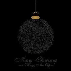 Image showing Black Christmas Card with Black Christmas Ball made from  Press out Black Snowflakes on Black Background