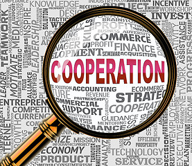 Image showing Cooperation Magnifier Indicates Team Work And Collaborate