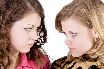 Image showing Portrait of the two beauty young women. Isolated 