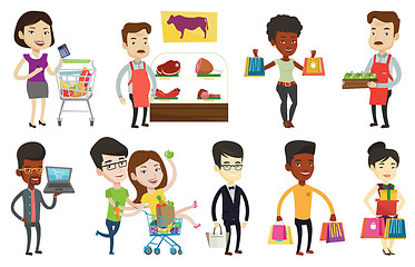 Image showing Vector set of shopping people characters.