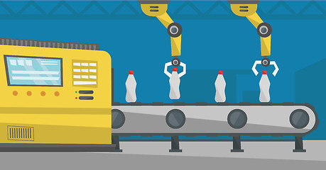 Image showing Robotic arm working on conveyor belt with bottles.