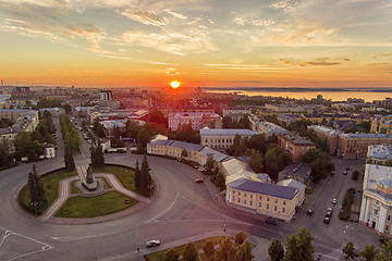 Image showing Aerial panorama of city center at sunset time