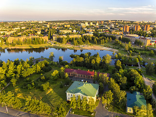 Image showing Aerial panorama of city and river from bird high in summer