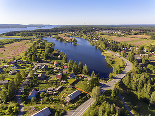 Image showing Aerial view of beautiful lake and village around it